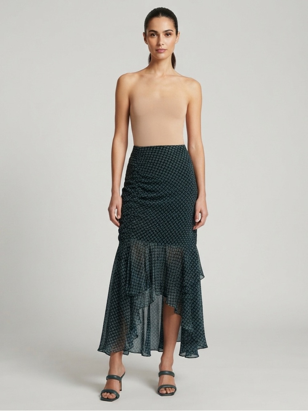 C/MEO Collective S Teal Exclusive Print Ruched High Low Ruffle Midi Skirt